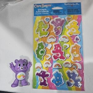 Care Bears Share Bear Mini Rainbow RARE 2 inch Figure & Vintage Stickers NIP